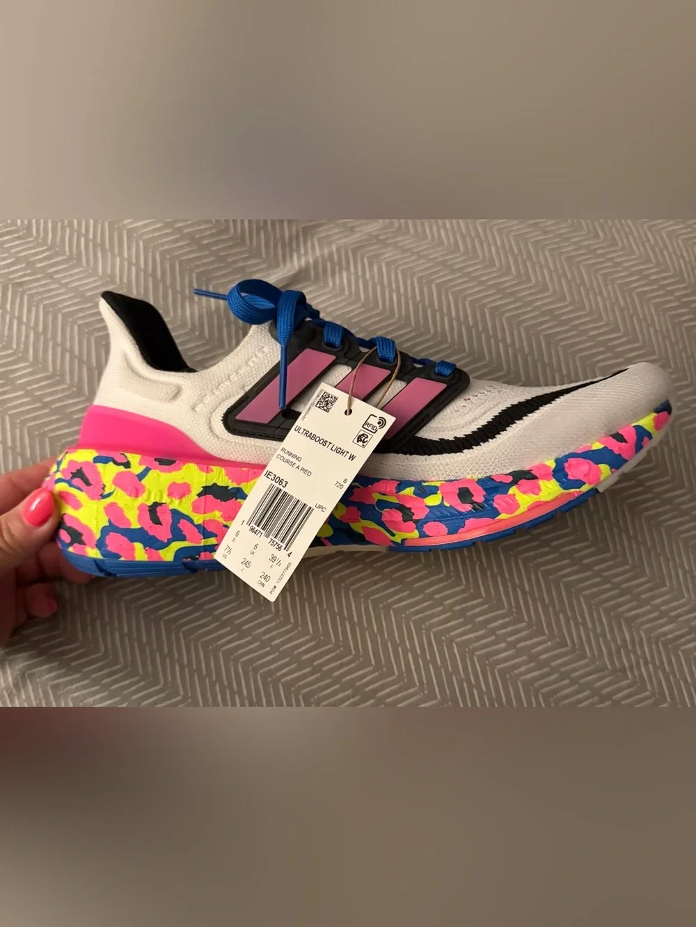 Adidas Ultraboost Light Running Shoe - White with Pink & Neon Multicolor Sole